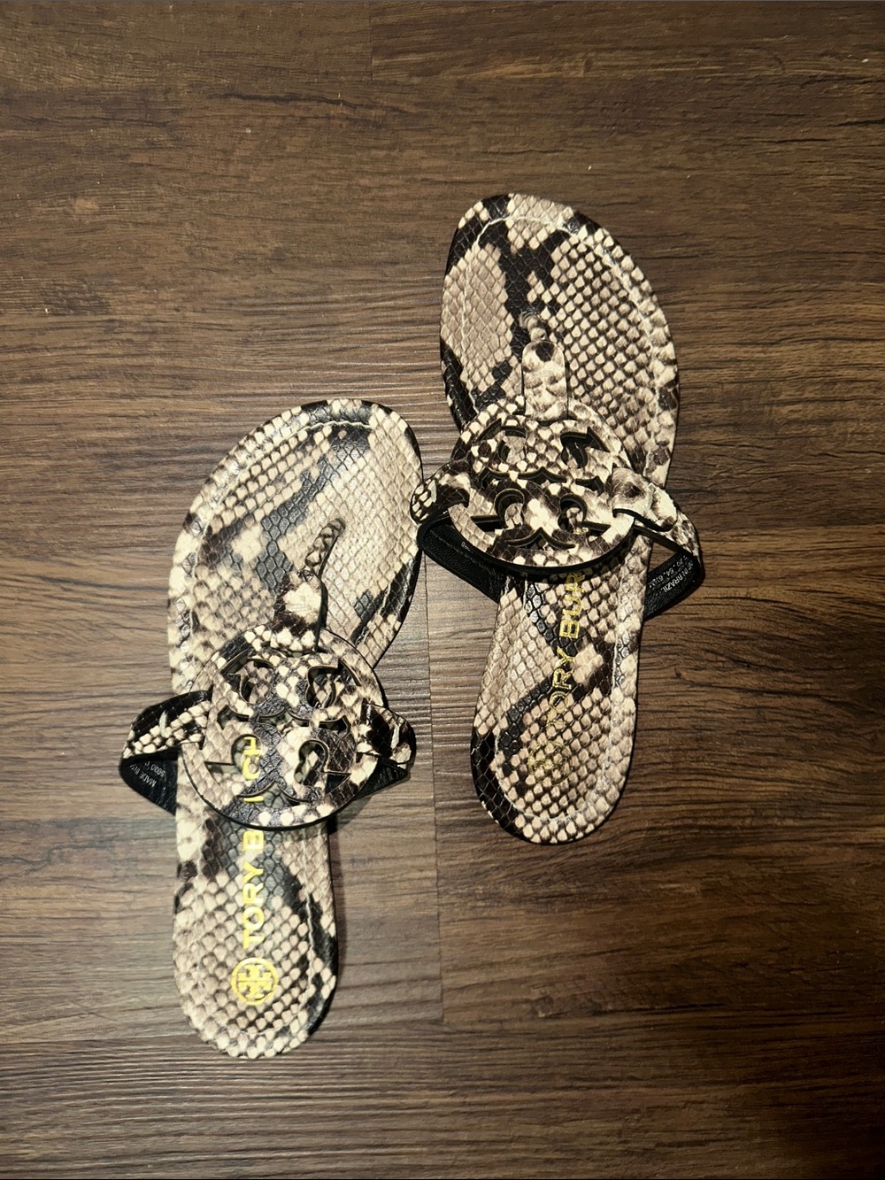 Tory Burch Snake-Print Miller Sandals in Beige and Black